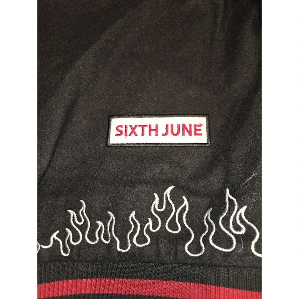 Sixth June Varsity Jacket 2XL NWT Black Embroidered Flames Streetwear